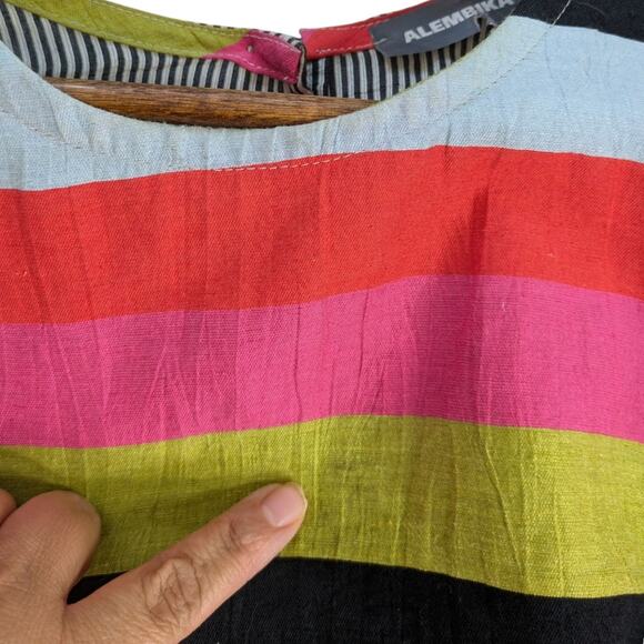Alembika Mixed Print Media Striped Linen Top Small Multicolor Lagenlook Artsy - Picture 7 of 11